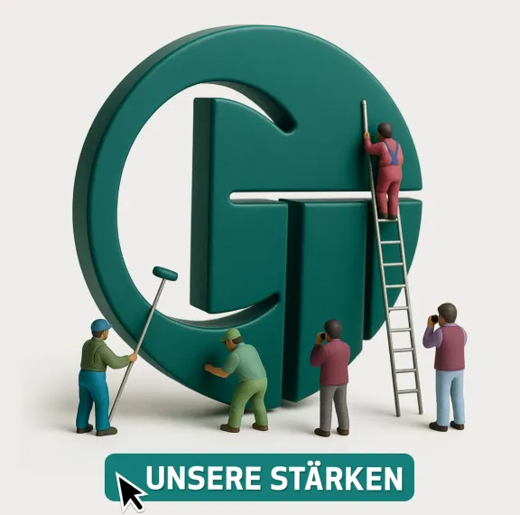Miniaturen arbeiten an einem großen, grünen Logo.